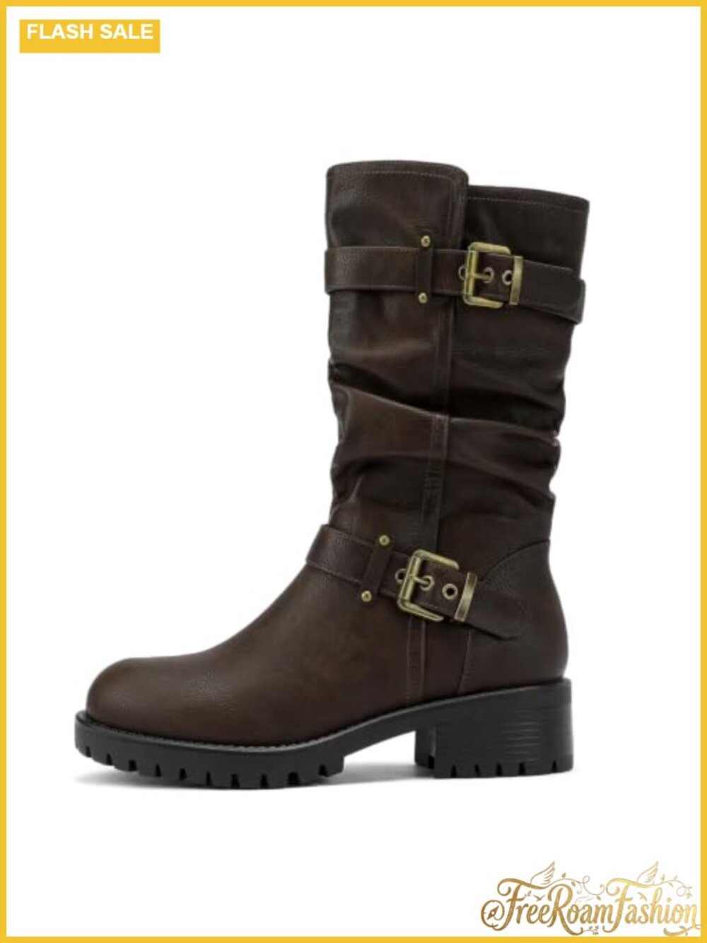 Wide Width Mid Calf Boots Faux Leather Slouch Biker Boots Women
